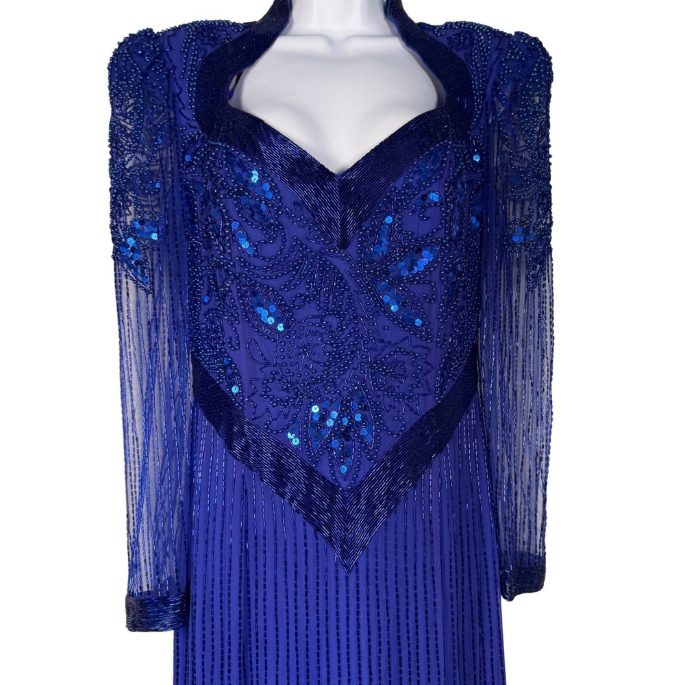 Vintage 100% Silk Royal Blue Beaded Sequin Formal Evening High Gown Drag Size 16